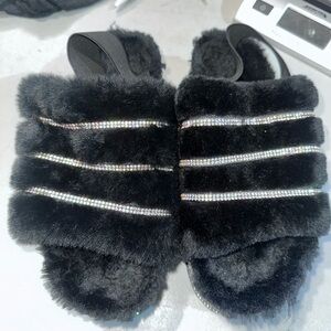 Black Furry Slippers with Rhinestone Stripes size 7